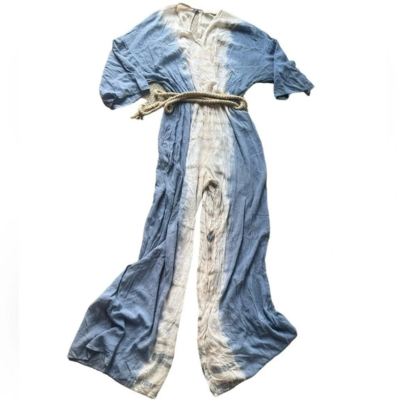 Vintage Havana Blue & White Rope-Tie Jumpsuit | Size M | Beachy Boho Vibes - Picture 1 of 3
